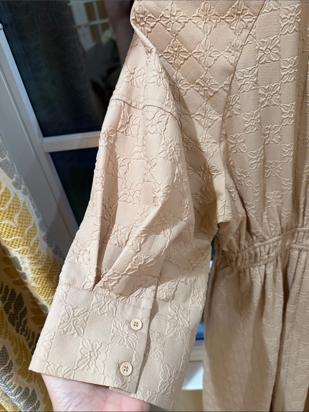 Coastal Grandmillennial Textured Tan Maxi Dress Smocked Pockets Entro Small - Picture 7 of 15